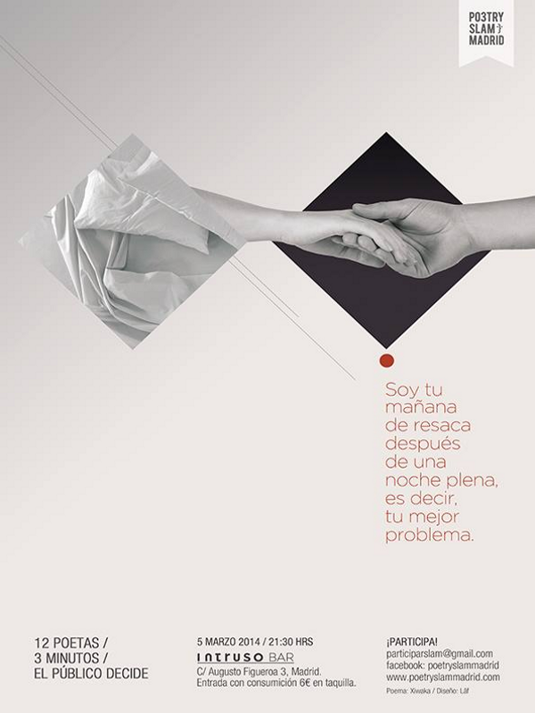 Cartel Poetry Slam de marzo en El Intruso Bar de Malasaña | Poema de Xiwaka | Diseño de Läb